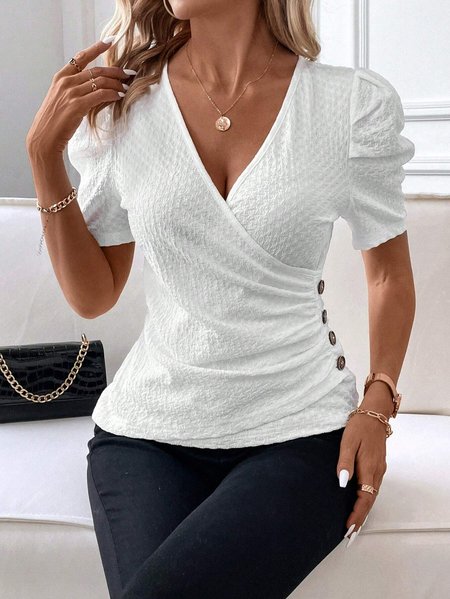 

Elegant Cross Plain V Neck Shirt, White, Shirts & Blouses
