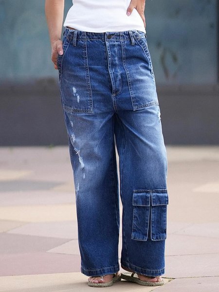 

Denim Casual Plain Pockets Wide Leg Jeans, Blue, Jeans