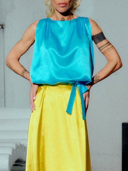 

Urban Regular Fit Satin Crew Neck Tank Top, Blue, Tanks and Camis