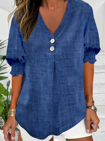 

V Neck Half Sleeve Plain Regular Loose Shirt For Women, Blue, Blouses