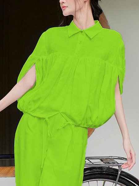 

Shirt Collar Loose Casual Plain Blouse, Green, Blouses and Shirts