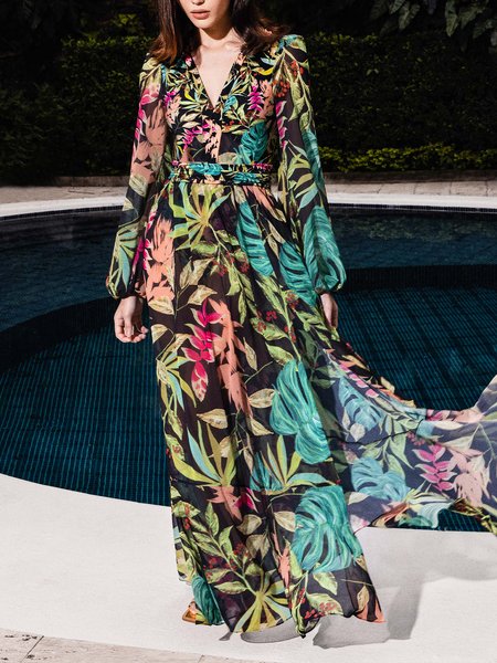 

Vacation V Neck Regular Fit Floral Maxi Dress With Belt, As picture, Maxi Dresses
