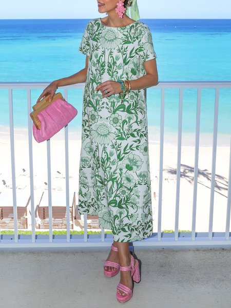 

Urban Daily Crew Neck Floral Loose Short Sleeve Dress, Green, Maxi Dresses