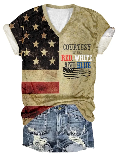 Women's Courtesy of The Red White And Blue Print T-Shirt Print Crew Neck Casual T-Shirt, T-shirts