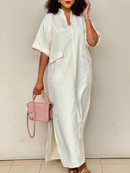 

Urban Loose Plain Half Sleeve V Neck Dress, White, Maxi Dresses