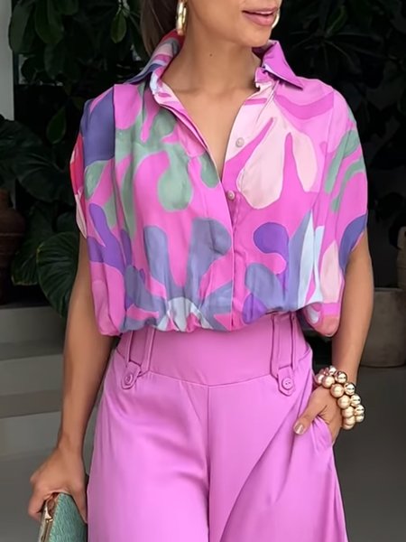 Loose Floral Vacation Shirt Collar Blouse, Pink, Blouses and Shirts