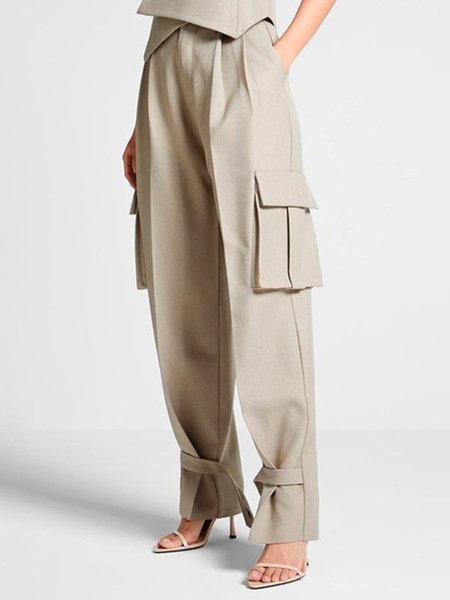 

Pocket Stitching Regular Fit Plain Urban Pants, Khaki, Cargo Pants