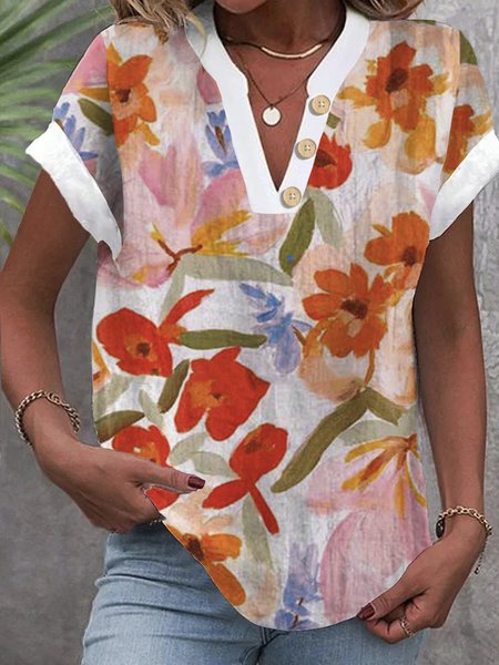 

Casual V Neck Floral Shirt, Orange, Blouses & Shirts