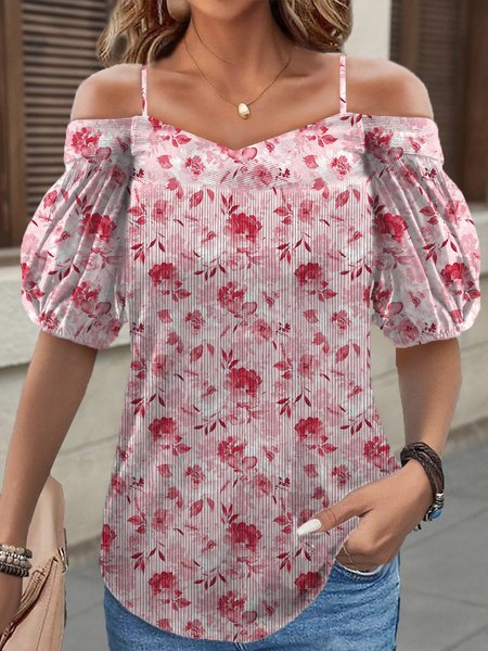 

Square Neck Short Sleeve Floral Regular Loose Shirt For Women, Pink, Blouses