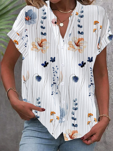 

Notched Short Sleeve Floral Regular Loose Blouse For Women, White, Blouses