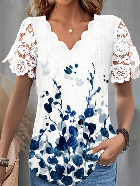 

Lace Collar Short Sleeve Floral Lace Regular Loose Shirt For Women, White, Blouses