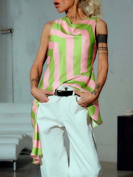 

Striped Boat Neck Urban Satin Tank Top, Green, Tanks and Camis