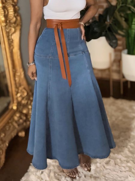 

Regular Fit Casual Plain Denim Skirt, Blue, Denim Skirts