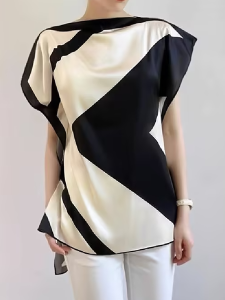 

Loose Boat Neck Short Sleeve Urban Shirt, As picture, Blouses and Shirts
