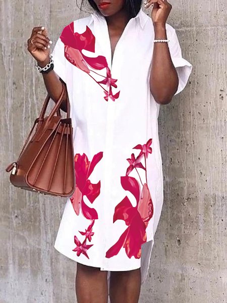 

Casual Loose Floral Shirt Collar Short Sleeve Midi Dress, White, Midi Dresses