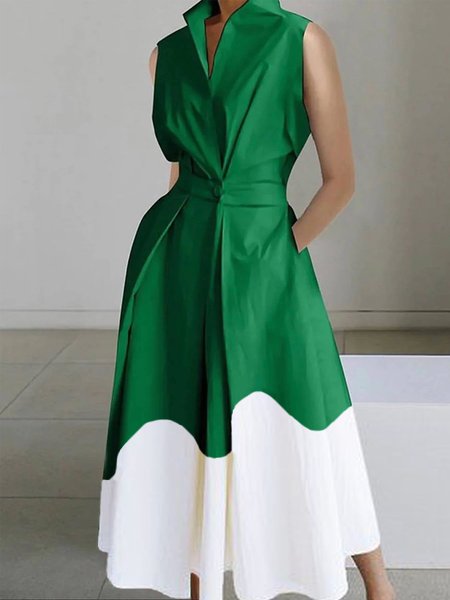 

Color Block Shirt Collar Casual Regular Fit Sleeveless Midi Dress, Green, Midi Dresses