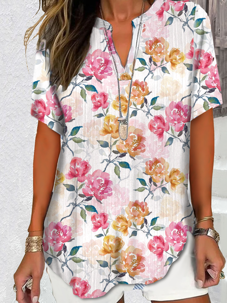 

V Neck Long Sleeve Floral Regular Loose Shirt For Women, Flower, Blouses