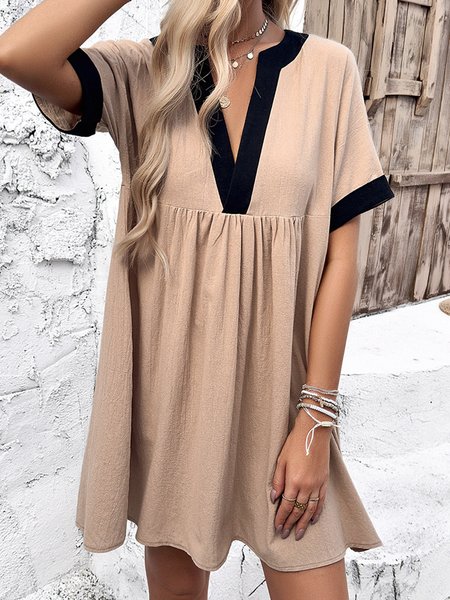 

Women Color Block V Neck Short Sleeve Comfy Casual Short Dress, Khaki, Dresses