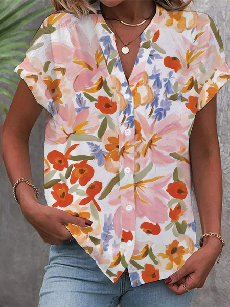 

Notched Short Sleeve Floral Regular Loose Blouse For Women, Multicolor, Blouses