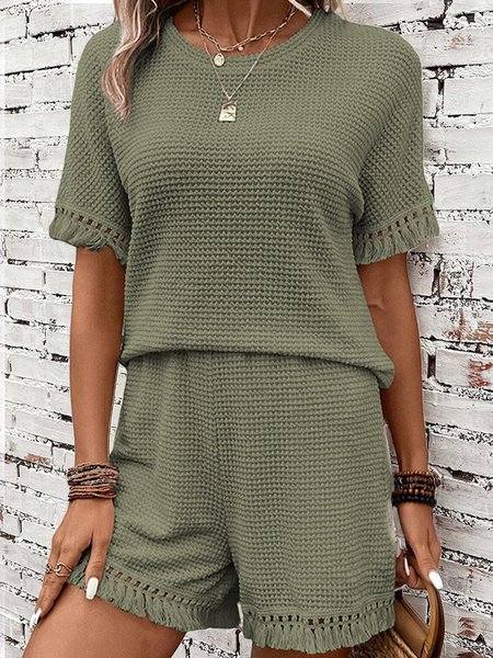 

Women Plain Crew Neck Short Sleeve Comfy Casual Top With Pants Two-Piece Set, Army green, Sets