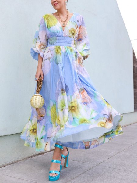 

Regular Fit Vacation V Neck Floral Dress With No, As picture, Maxi Dresses