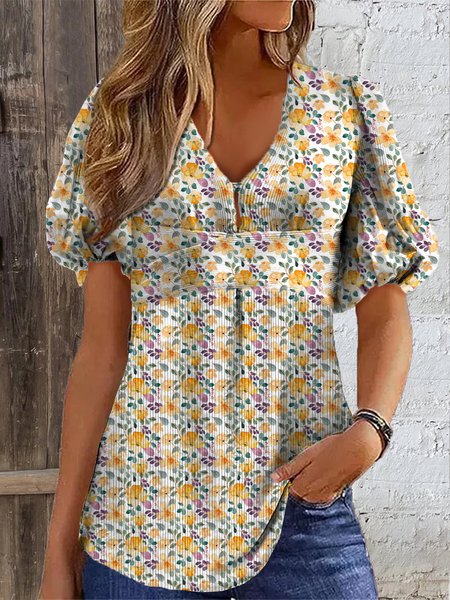 

Square Neck Short Sleeve Floral Regular Loose Shirt For Women, Yellow, Blouses