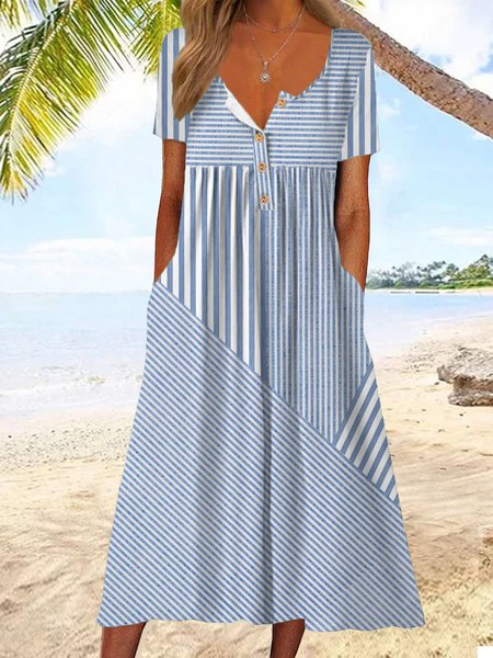 

Loose Crew Neck Vacation Abstract Stripes Dress, Blue, Maxi Dresses