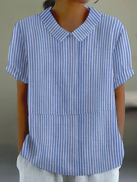 

Striped Loose Shirt Collar Casual Shirt, Blue, Blouses & Shirts