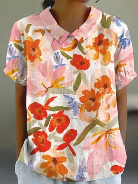 

Shawl Collar Short Sleeve Floral Regular Loose Shirt For Women, White, Blouses