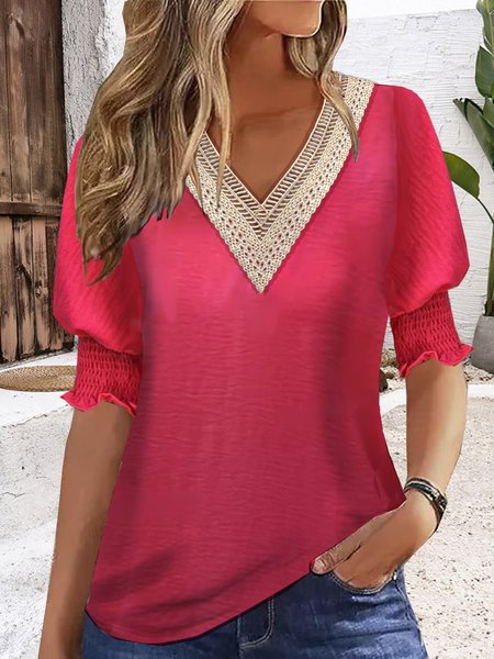 

V Neck Short Sleeve Plain Lace Regular Loose Shirt For Women, Rose red, Blouses