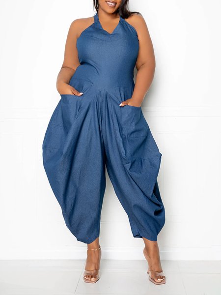 

Regular Fit Pocket Stitching Casual Halter Jumpsuit, Blue, Jumpsuits
