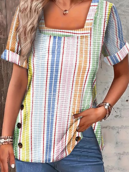

Square Neck Short Sleeve Striped Regular Micro-Elasticity Loose Shirt For Women, Blue, Blouses