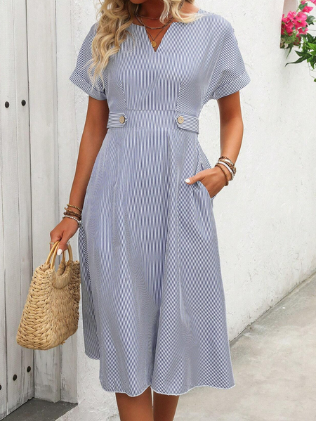 

Notched Striped Casual Dress, Blue, Dresses