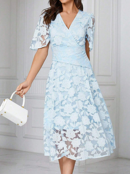 

Cotton-Blend V Neck Elegant Floral Dress, Blue, Dresses
