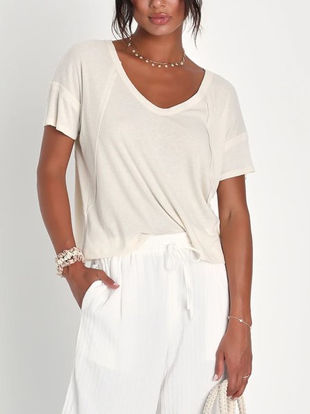 

Short Sleeve Loosen Casual V Neck T-Shirt, Off white, Tees