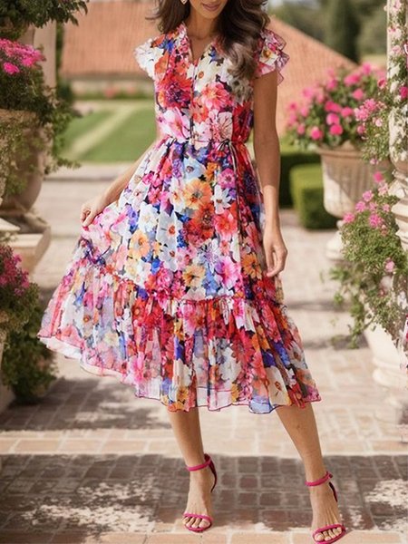 

Vacation Floral V Neck Short Sleeve Dress, As picture, Midi Dresses