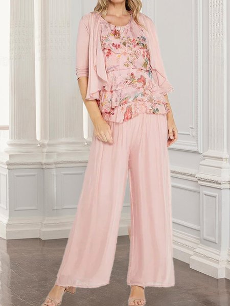 

Floral Loose Crew Neck Elegant Matching Outfit, Pink, Suit Set