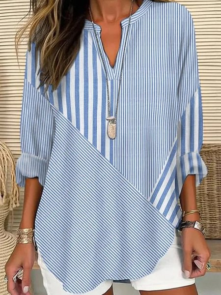 

Women's Long Sleeve Blouse Spring/Fall Striped Notched Neck Daily Going Out Casual Tunic Top Blue, Blouses