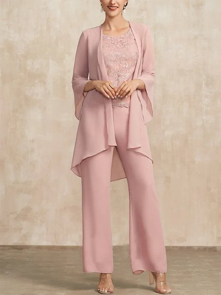 

Crew Neck Elegant Plain Lace Matching Outfit, Pink, Suit Set