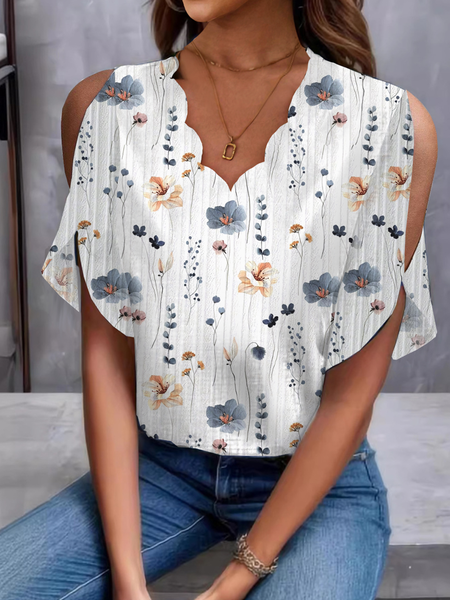 

Lace Collar Short Sleeve Floral Regular Loose Shirt For Women, White, Blouses
