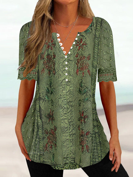 

V Neck Short Sleeve Floral Lace Regular Loose Shirt For Women, Green, Blouses