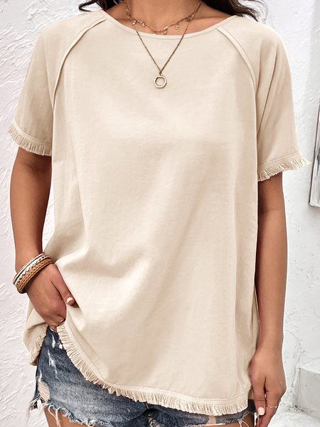 

Crew Neck Short Sleeve Plain Regular Micro-Elasticity Regular Fit Shirt For Women, Apricot, Blouses