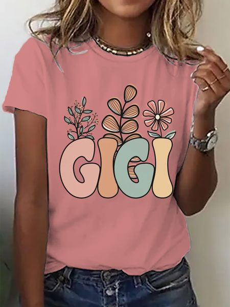 

Casual Crew Neck Text Letters Loose T-Shirt, Orange pink, T-shirts
