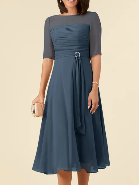 Elegant Crew Neck Chiffon Dress