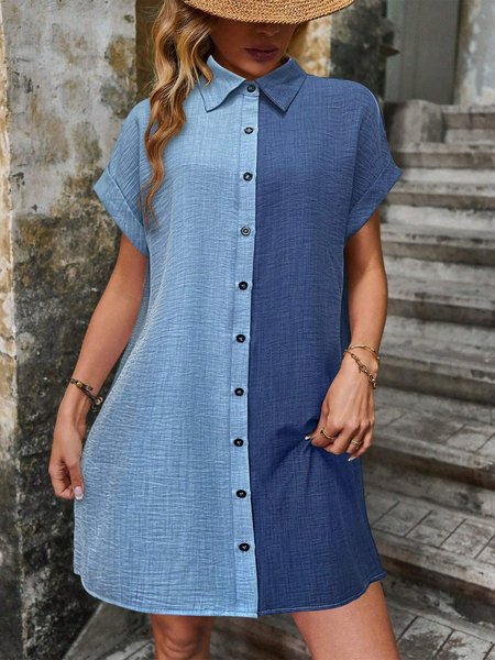

Shirt Collar Loose Color Block Casual Shirt, Blue, Shirt Dresses