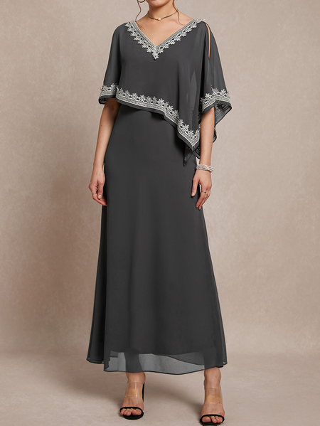 

Irregular Craftsmanship Elegant Chiffon V Neck Dress, Deep gray, Dresses