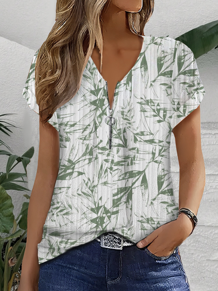 

V Neck Short Sleeve Leaf Zipper Regular Loose Blouse For Women, Green, Blouses