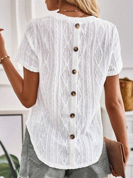 

Buttoned Simple Plain Crew Neck Shirt, White, Shirts ＆ Blouse