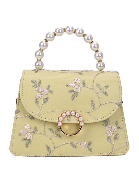 

Elegant Faux Pearl Chain Mini Lace Embroidery Handbag with Crossbody Metal Chain, Green, Bags