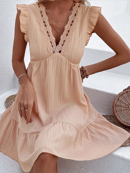 

Women Plain V Neck Sleeveless Comfy Casual Short Dress, Apricot, Dresses